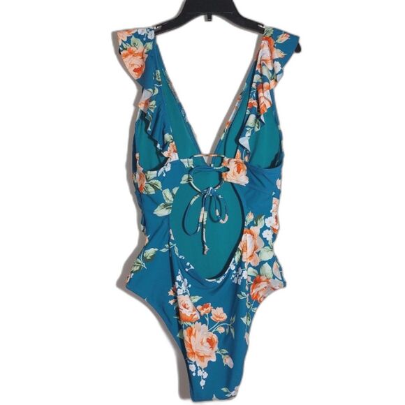 NWOT Cupshe Women's Sunny Flower Ruffled Lace-Back 1-Piece Swimsuit Teal Size XL - Picture 8 of 14